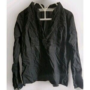 A.N.A. Womens Blouse Sz XL Black Long Sleeve Top Shirt Semi Sheer Floral Details